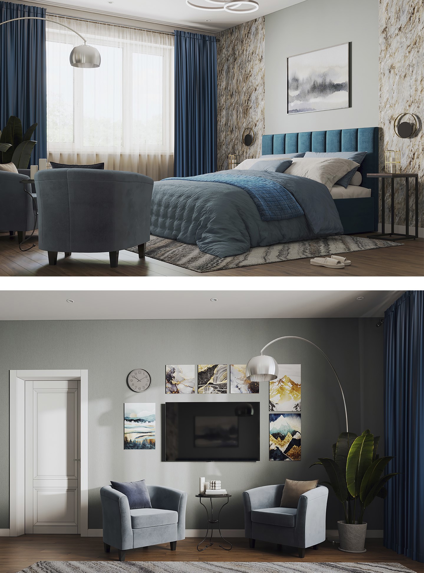 Спальня в синих и золотых цветах в неоклассическом стиле
