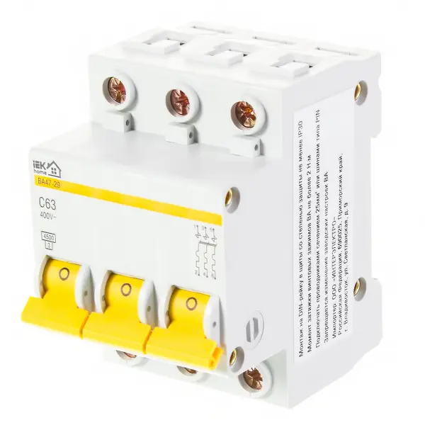 Автоматический выключатель IEK ВА47-29 3P C63 А 4.5 кА автоматический выключатель iek home ва47 29 1p n c25 а 4 5 ка