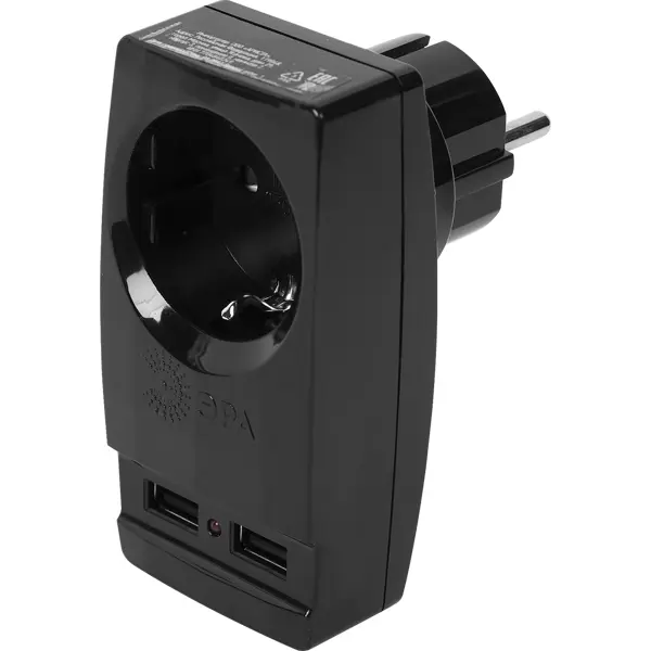Разветвитель Эра SP-1e 1 розетка с заземлением 16 А 2 USB 2.1 А цвет черный сетевой фильтр pilot single tv 1 розетка с заземлением 3500 вт