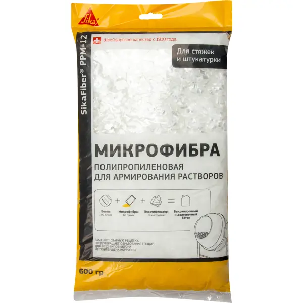 Микрофибра полипропиленовая для армирования растворов SikaFiber PPM-12, 600 г микрофибра полипропиленовая для армирования растворов sikafiber ppm 12 600 г
