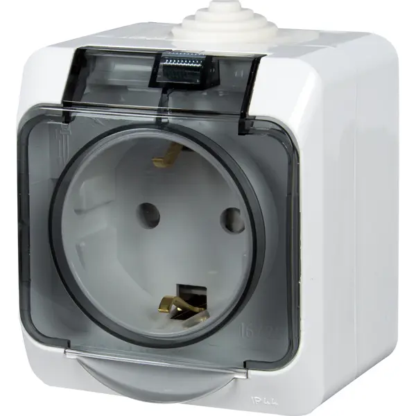 фото Розетка накладная влагозащищённая schneider electric этюд с заземлением со шторками ip44 цвет белый