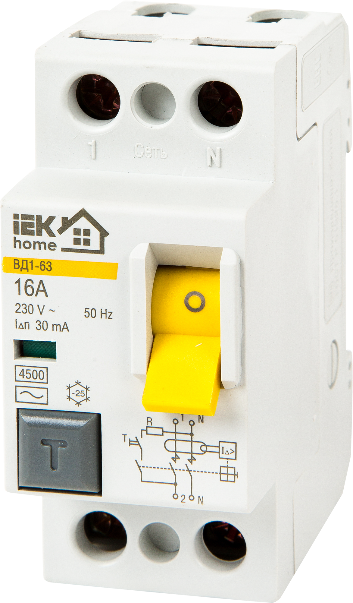 УЗО IEK Home ВД1-63 1P N 16 А 30 мА 4.5 кА AC MDV10-2-016-030