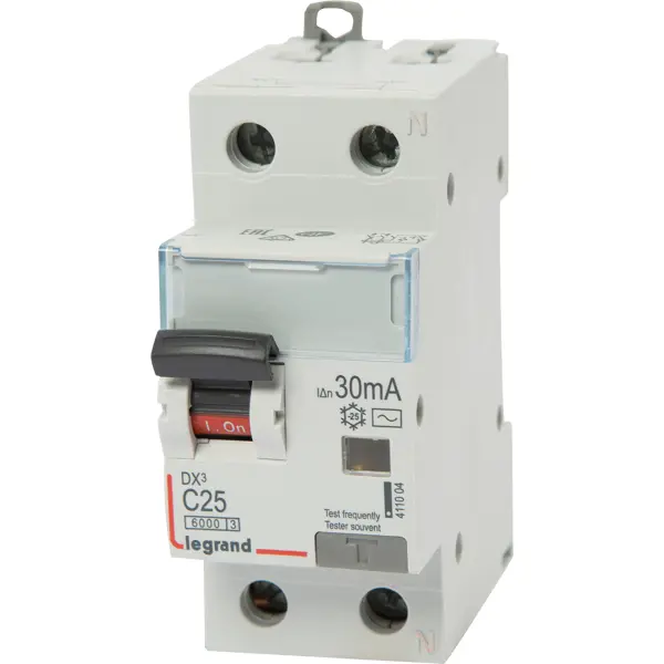 Автоматический выключатель дифференциального тока Legrand DX3 АВДТ 1P N C25 А 30 мА 6 кА АС 411004