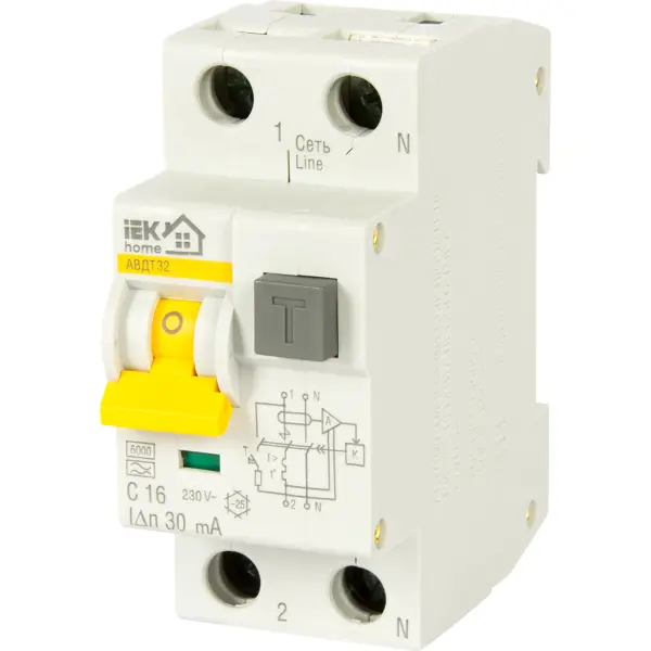 Автоматический выключатель дифференциального тока IEK Home 1P N C16 А 30 мА 6 кА АС MAD22-5-016-C-30 дифференциальный автомат tdm electric авдт 63 2p c10 a 30 ма 6 ка a sq0202 0001