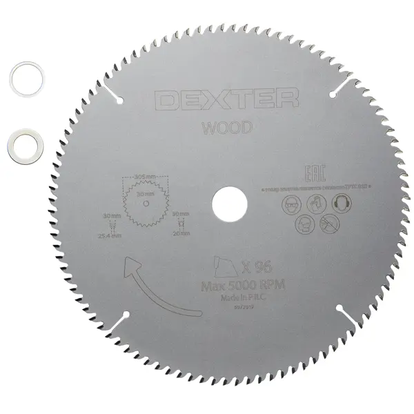 Диск пильный по дереву Dexter FD-E033053096T 96Т 305x30x1.2 мм, кольца: 20 и 25.4 комплект переходных колец k
