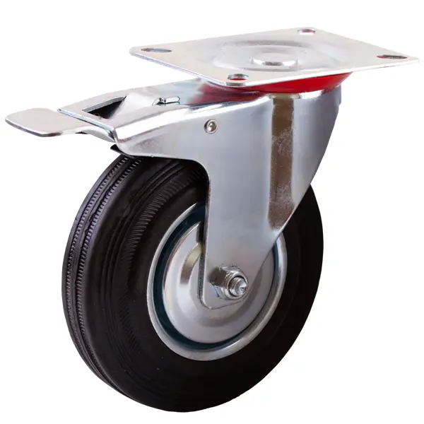 Колесо поворотное с тормозом с площадкой 125 мм максимальная нагрузка 100 кг цвет чёрный колесо для тележки поворотное standers с тормозом для твёрдого пола 100 мм нагрузка до 100 кг чёрный