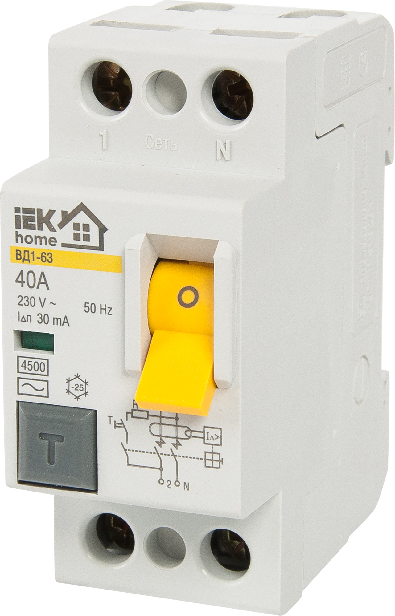 УЗО IEK Home ВД1-63 1P N 40 А 30 мА 4.5 кА AC MDV10-2-040-030