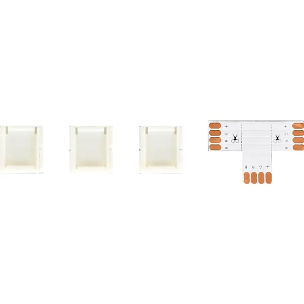 фото Коннекторы для rgb светодиодной ленты 5050 12-24 в 10 мм ip20 т-образный 3 клипсы, контакты по центру apeyron
