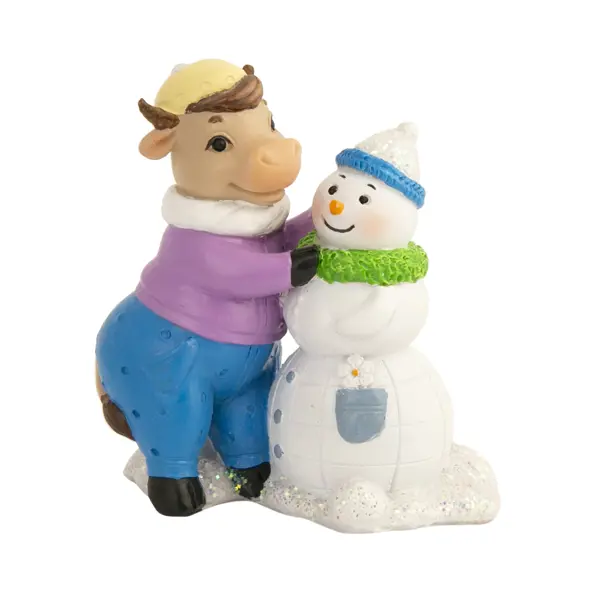 фото Фигурка новогодняя «коровка со снеговиком» 4,5х8.5х8 см без бренда