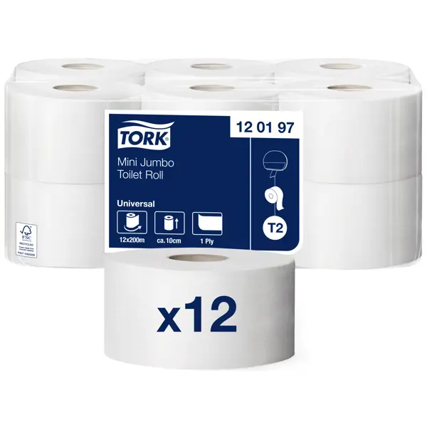 Туалетная бумага в мини-рулонах Tork T2 200 м, 12 рулонов туалетная бумага tork белая 2 хслойная 4 рулона