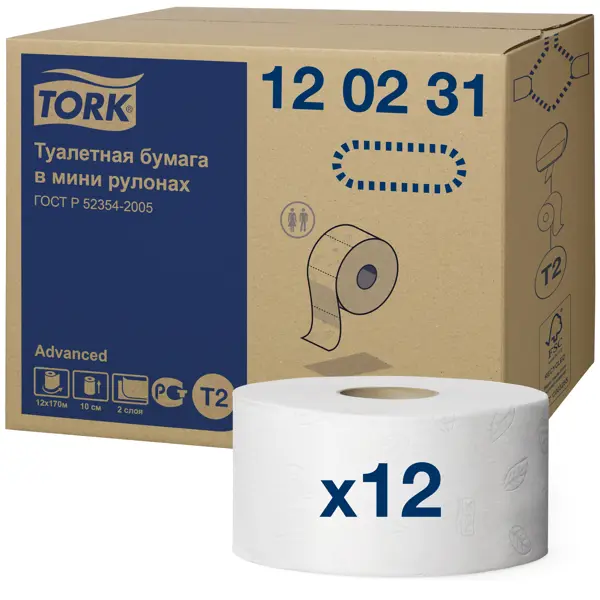 Туалетная бумага в мини-рулонах Tork T2 170 м, 12 рулонов туалетная бумага tork белая 2 хслойная 4 рулона