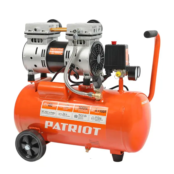 Компрессор безмасляный Patriot WO 24-260S, 24 л 260 л/мин 1.5 кВт компрессор безмасляный patriot wo 10 120 10 л 120 л мин 0 65 квт