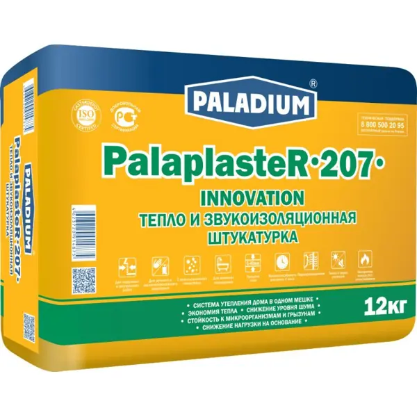 Штукатурка цементная с пеностеклом PALADIUM PalaplasteR-207 теплая, 12 кг штукатурка цементная paladium palaplaster 205 высокопрочная 25 кг