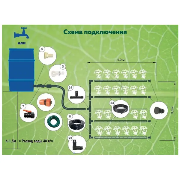 фото Комплект для капельного полива урожай-трубка основной для теплицы 3x4 м