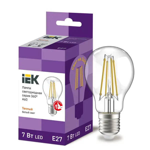 Лампа светодиодная IEK E27 175-250 В 7 Вт груша прозрачная 840 лм теплый белый свет комплект из 2 светодиодных ламп груша e14 4w 220v 3000k eglo 10775