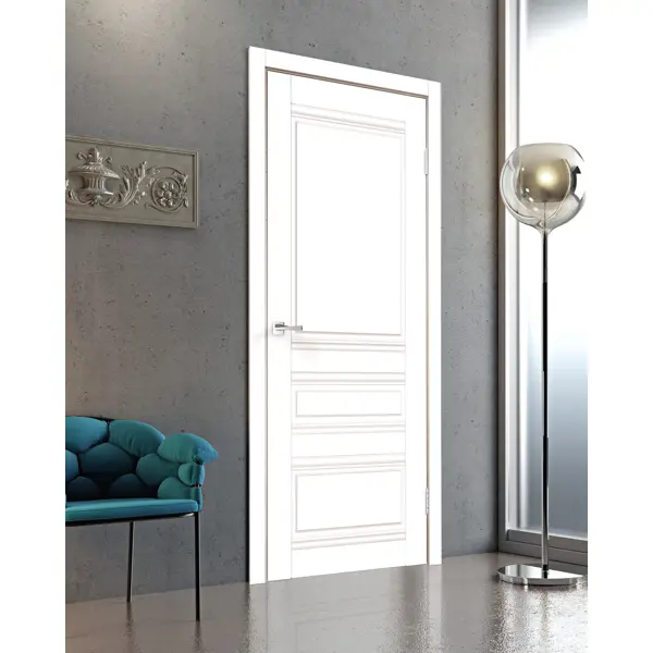 фото Дверь межкомнатная эмили глухая пвх ламинация цвет белый эмалит 90x200 см (с замком и петлями) velldoris