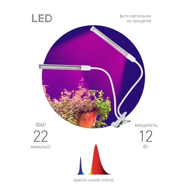 фото Фитосветильник светодиодный для растений эра на прищепке красно-синий спектр розовый свет 12 вт