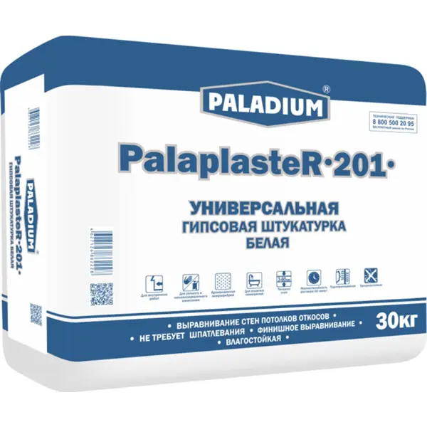 Штукатурка гипсовая Paladium PalaplasteR-201 Белая универсальная, 30 кг штукатурка гипсовая белая paladium palaplaster 201 5 кг