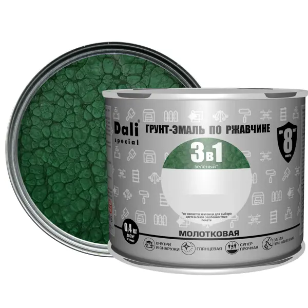 Грунт-эмаль по ржавчине 3 в 1 Dali Special молотковая цвет зелёный 0.4 кг эмаль универсальная master prime с металлическим эффектом зелёный 2 л