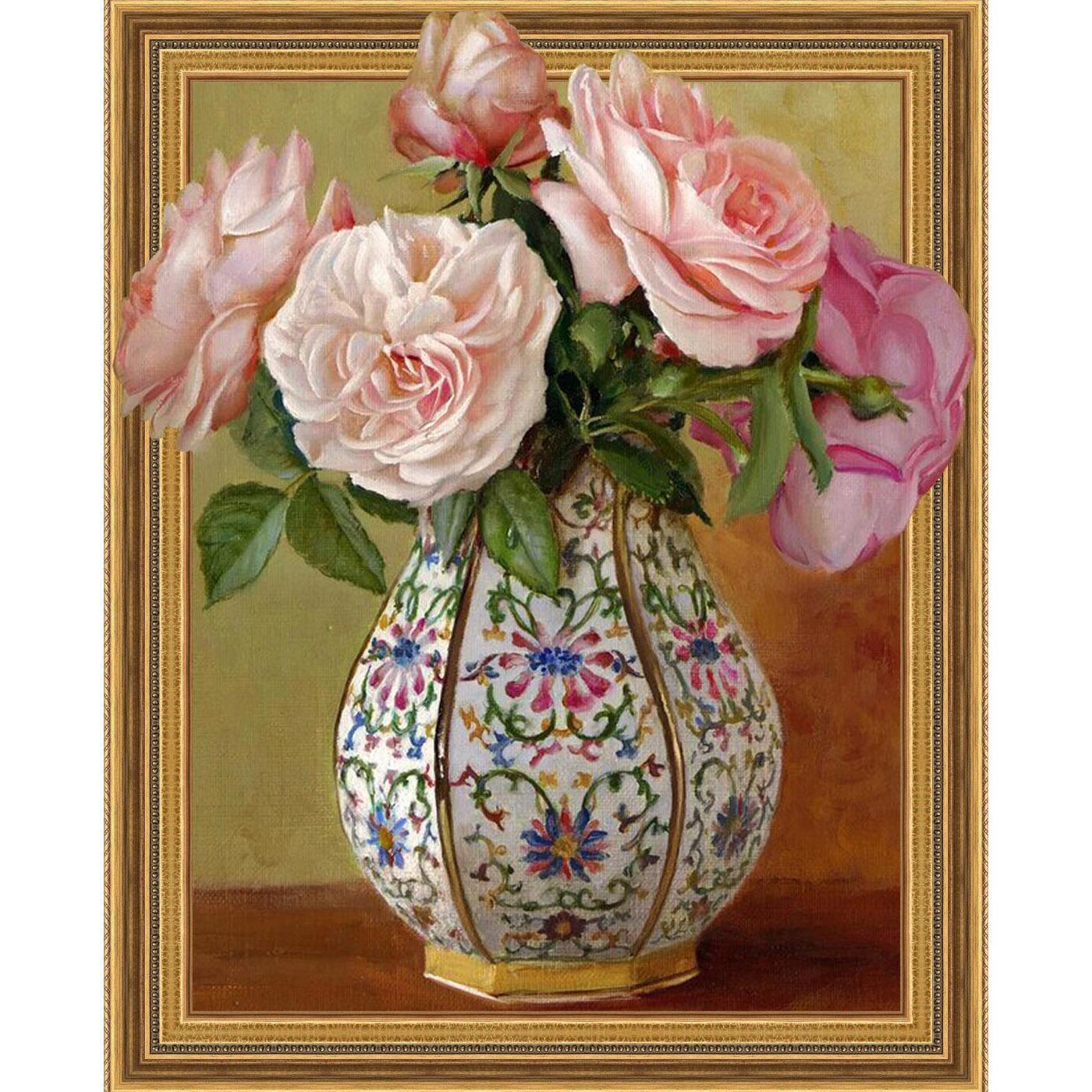 Алмазная вышивка «Вьющиеся белые розы в прозрачной вазе»