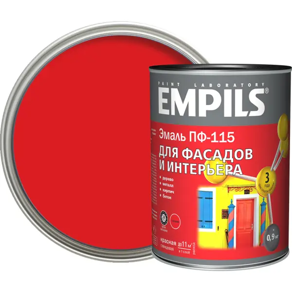 Эмаль ПФ-115 Empils PL глянцевая цвет красный 0.9 кг красный пвх двери мат 2 9 х 1 9