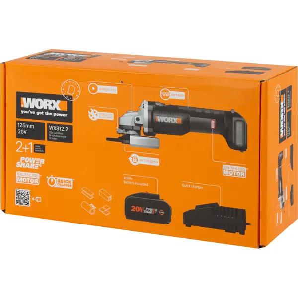 фото Ушм аккумуляторная бесщеточная worx wx812.2, 20 в li-ion 4 ач 125 мм