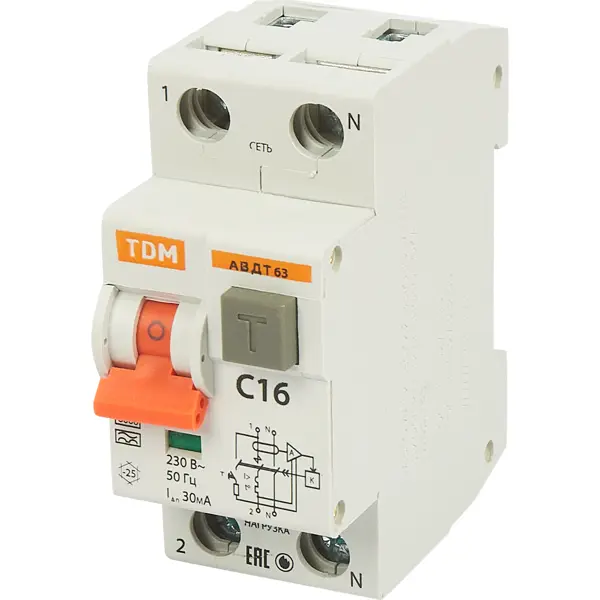 Дифференциальный автомат TDM Electric АВДТ63 1Р N C16 A 30 мА 6 кА А SQ0202-0002