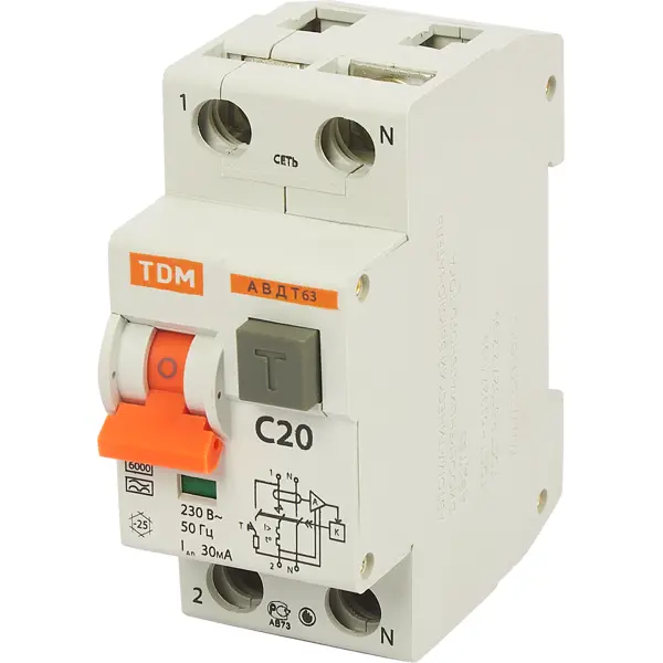 Дифференциальный автомат Tdm Electric АВДТ-63 1P N C20 A 30 мА 6 кА A SQ0202-0003