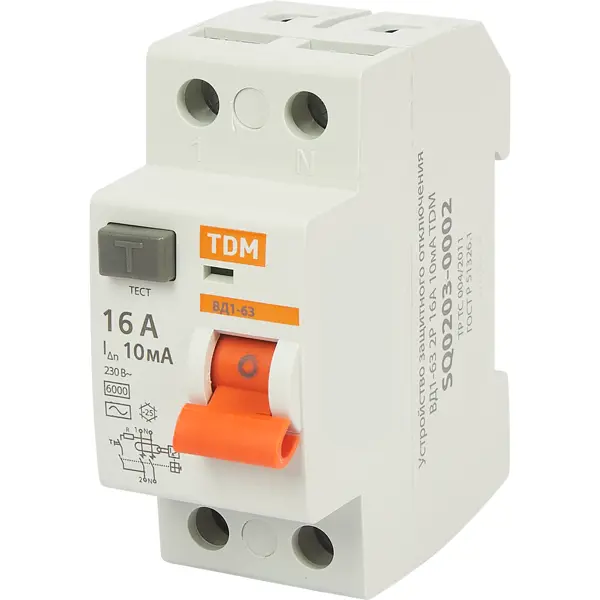 УЗО Tdm Electric ВД1-63 2P 16 A 10 мА 4.5 кА AC SQ0203-0002 устройство защитного отключения tdm electric вд1 63 4 полюса 32 а 30 ма sq0203 0035