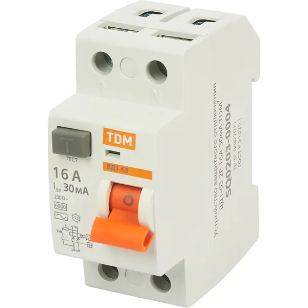 УЗО Tdm Electric ВД1-63 2P 16 A 30 мА 4.5 кА AC SQ0203-0004 устройство защитного отключения tdm electric вд1 63 2 полюса 25 а 30 ма sq0203 0008