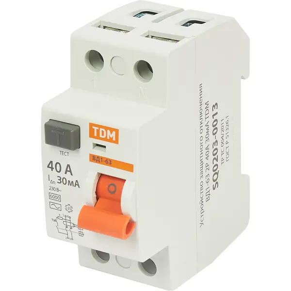УЗО Tdm Electric ВД1-63 2P 40 A 30 мА 4.5 кА AC SQ0203-0013 устройство защитного отключения tdm electric вд1 63 2 полюса 40 а 30 ма sq0203 0013