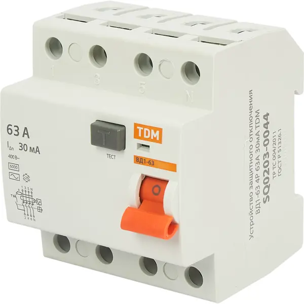 УЗО Tdm Electric ВД1-63 4P 63 A 30 мА 4.5 кА AC SQ0203-0044 устройство защитного отключения tdm electric вд1 63 2 полюса 16 а 10 ма sq0203 0002