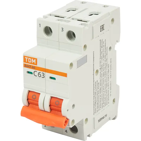 Автоматический выключатель TDM Electric ВА47-60 2P C63 А 6 кА SQ0223-0099 автоматический выключатель tdm electric ва47 60 1p c32 а 6 ка sq0223 0080