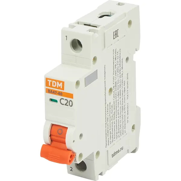 Автоматический выключатель TDM Electric ВА47-60 1P C20 А 6 кА SQ0223-0078 автоматический выключатель tdm electric ва47 60 4p c32 а 6 ка sq0223 0128