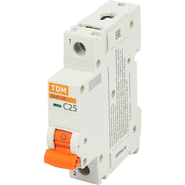 Автоматический выключатель TDM Electric ВА47-60 1P C25 А 6 кА SQ0223-0079 автоматический выключатель tdm electric ва47 60 1p c16 а 6 ка sq0223 0077