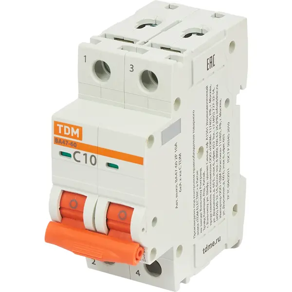 Автоматический выключатель Tdm Electric ВА47-60 2P C10 А 6 кА SQ0223-0091 автоматический выключатель tdm electric ва47 60 1p c63 а 6 ка sq0223 0083