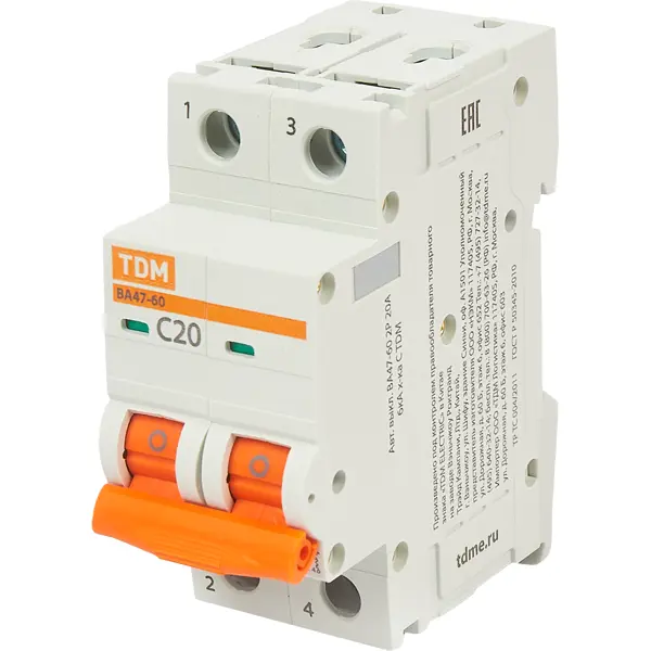 Автоматический выключатель Tdm Electric ВА47-60 2P C20 А 6 кА SQ0223-0094 автоматический выключатель tdm electric ва47 60 1p c16 а 6 ка sq0223 0077