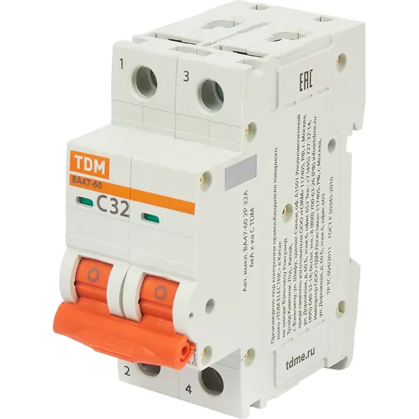 Автоматический выключатель TDM Electric ВА47-60 2P C32 А 6 кА SQ0223-0096 автоматический выключатель tdm electric ва47 60 1p c10 а 6 ка sq0223 0075