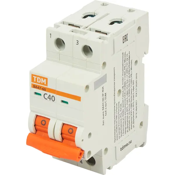 Автоматический выключатель TDM Electric ВА47-60 2P C40 А 6 кА SQ0223-0097 автоматический выключатель tdm electric ва47 60 1p c20 а 6 ка sq0223 0078