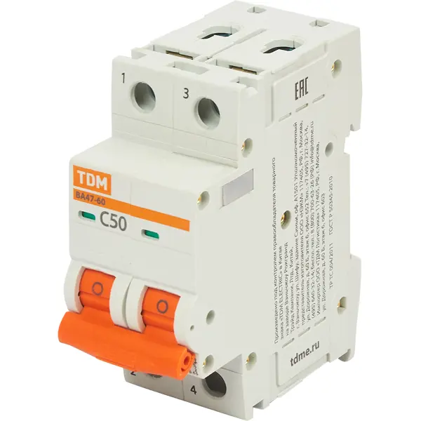 Автоматический выключатель TDM Electric ВА47-60 2P C50 А 6 кА SQ0223-1033 автоматический выключатель tdm electric ва47 60 2p c25 а 6 ка sq0223 0095