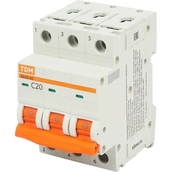 Автоматический выключатель TDM Electric ВА47-60 3P C20 А 6 кА SQ0223-0110 автоматический выключатель tdm electric ва47 60 4p c32 а 6 ка sq0223 0128
