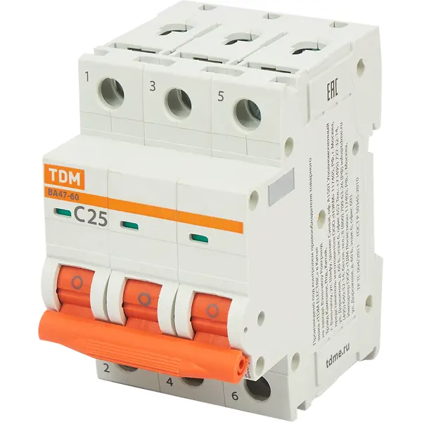 Автоматический выключатель TDM Electric ВА47-60 3P C25 А 6 кА SQ0223-0111 tdm автоматический выключатель ва47 60 3р 1а 6ка sq0223 0100