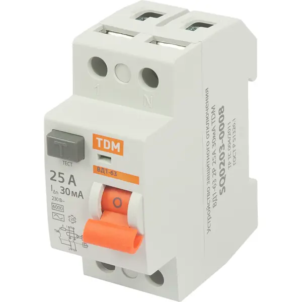 УЗО Tdm Electric ВД1-63 2P 25 A 30 мА 4.5 кА AC SQ0203-0008 устройство защитного отключения tdm electric вд1 63 2 полюса 16 а 10 ма sq0203 0002