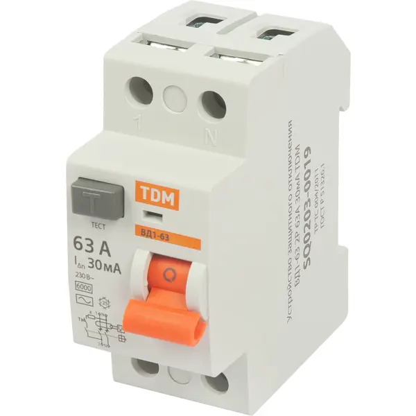 УЗО Tdm Electric ВД1-63 2P 63 A 30 мА 4.5 кА AC SQ0203-0080 устройство защитного отключения tdm electric вд1 63 2 полюса 16 а 10 ма sq0203 0002