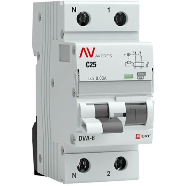 Дифференциальный автомат EKF Averes DVA-6 1P N C25 A 30 мА 6 кА AC rcbo6-1pn-25C-30-ac-av
