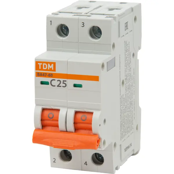 Автоматический выключатель TDM Electric ВА47-60 2P C25 А 6 кА SQ0223-0095 автоматический выключатель tdm electric ва47 60 3p c20 а 6 ка sq0223 0110