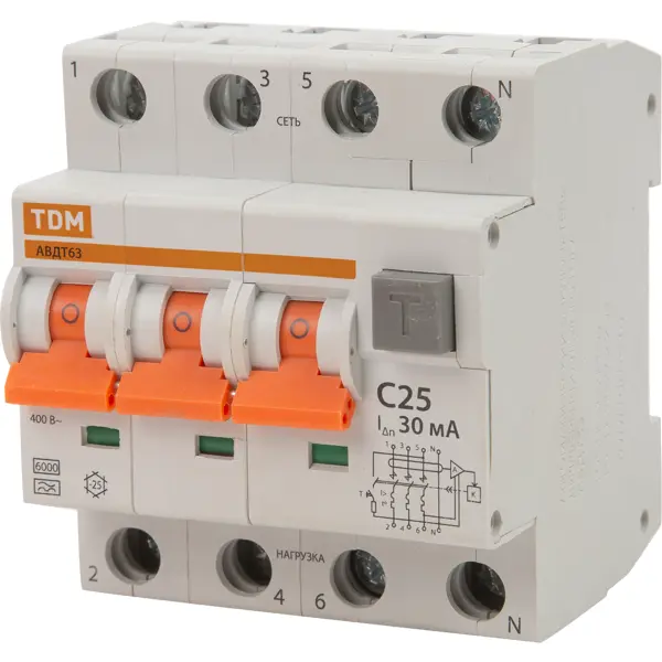 Дифференциальный автомат Tdm Electric АВДТ-63 3P N C25 A 30 мА 6 кА A SQ0202-0018 дифференциальный автомат legrand dx3 авдт 1p n c16 а 30 ма 6 ка ас 411002