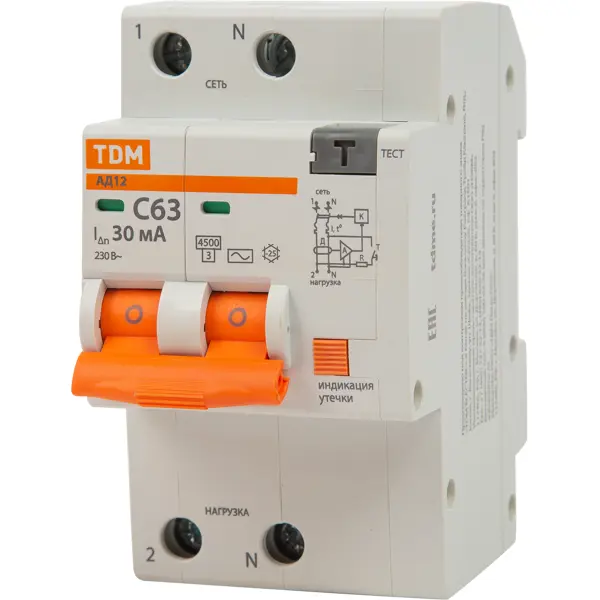 Дифференциальный автомат Tdm Electric АД-12 2P C63 A 30 мА 4.5 кА AC SQ0204-0023 модульный автомат schneider electric