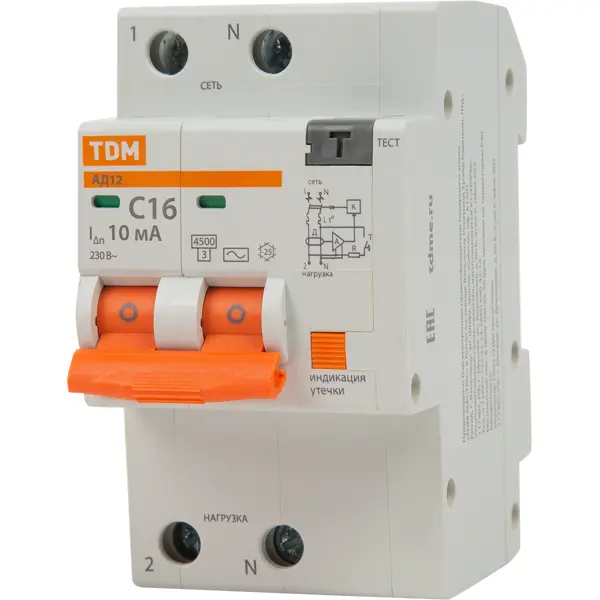 Дифференциальный автомат Tdm Electric АД-12 2P C16 A 10 мА 4.5 кА AC SQ0204-0005