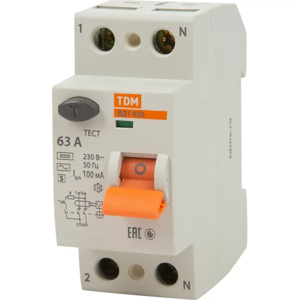 УЗО Tdm Electric ВД1-63S 2P 63 A 100 мА 4.5 кА AC SQ0203-0060 устройство защитного отключения tdm electric вд1 63 2 полюса 25 а 30 ма sq0203 0008